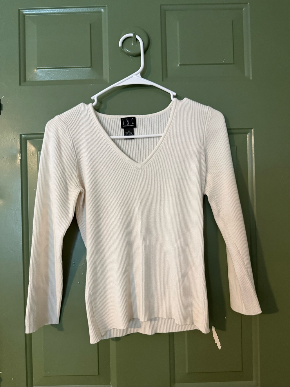 INC International Concepts Cream Ribbed V-Neck Sweater
